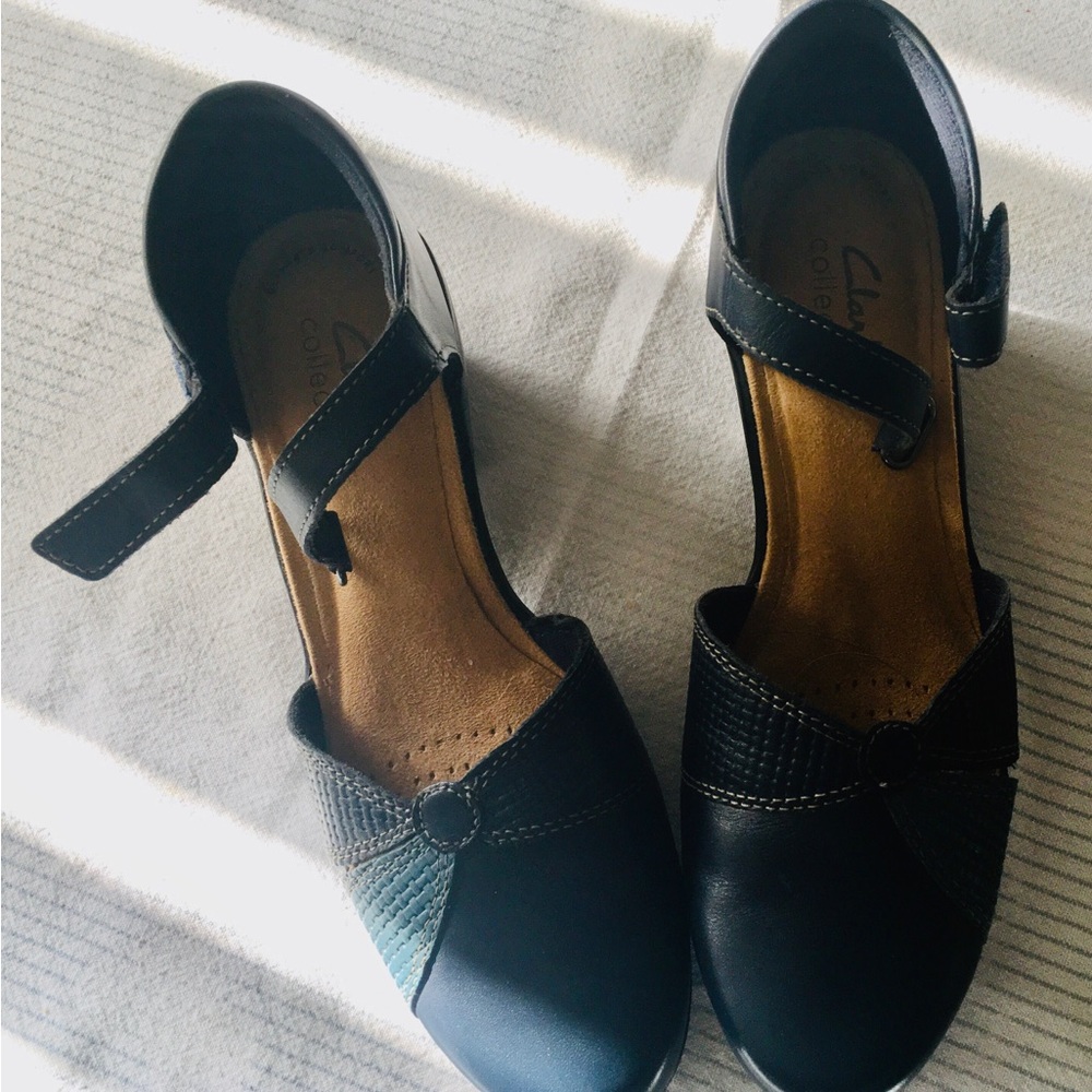 Clarks Black Leather Mary Jane Heels with Ankle Strap